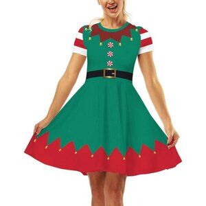 Women Ugly Christmas Santa Dress Red Green 2 Elf Holiday Print Dress for Xmas